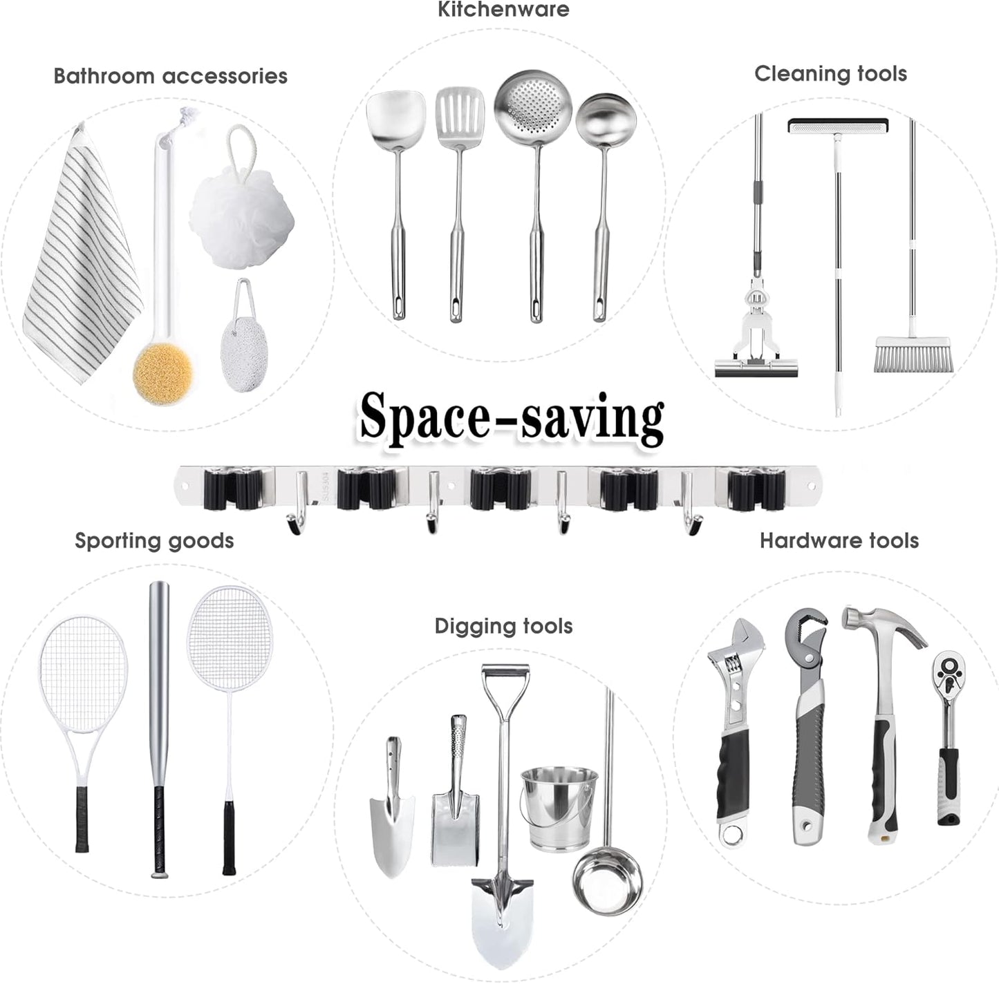 Regine Switzerland Wall-Mounted Broom & Mop Holder - Heavy-Duty Stainless Steel Organizer | 5 Racks & 4 Hooks