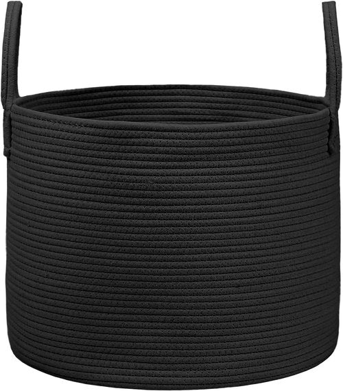 JMvicyroam 65L Extra Large Blanket Basket - Woven Cotton Rope Laundry Hamper with Reinforced Handles | Machine Washable, Black