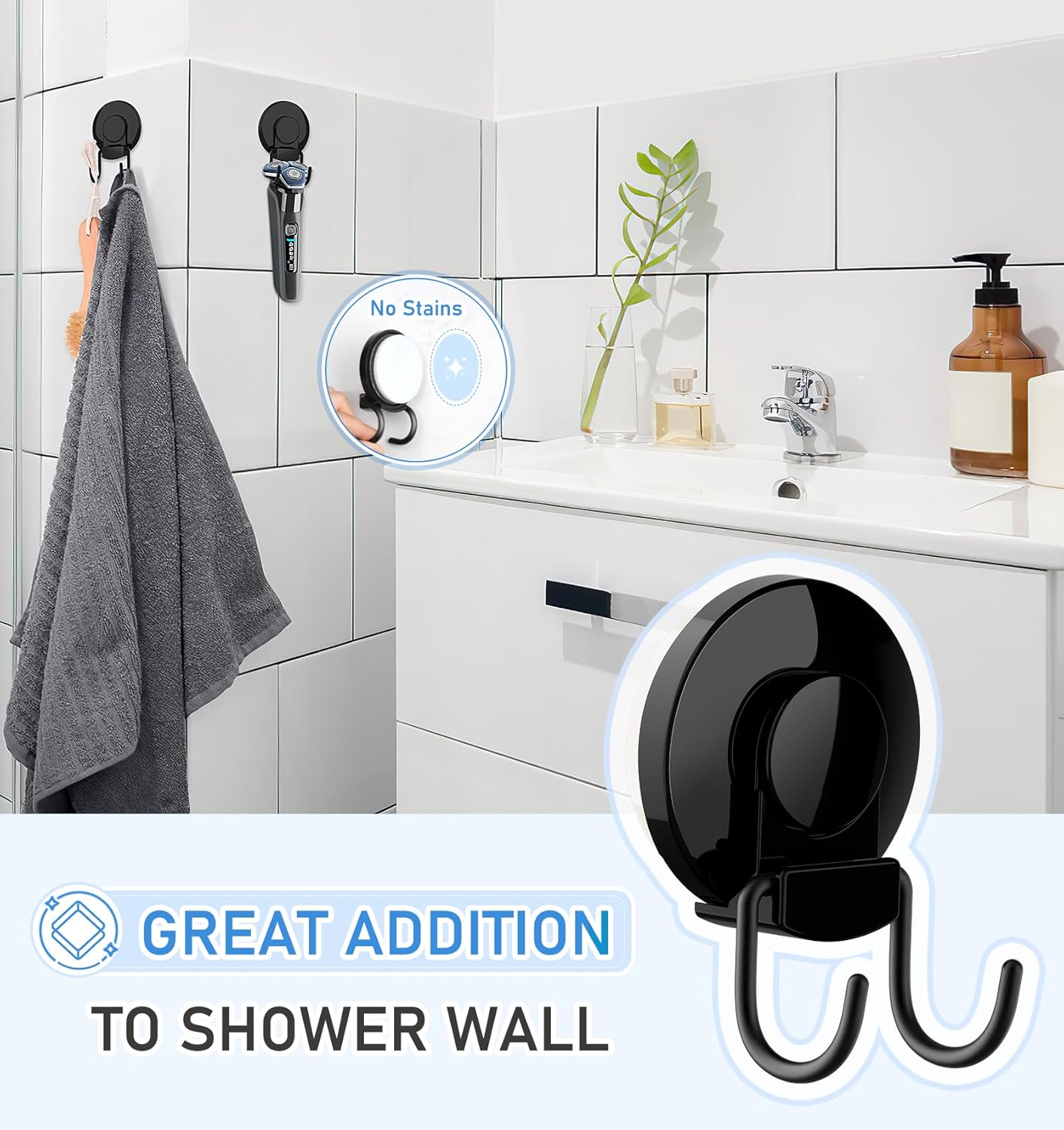 VIS'V Heavy Duty Shower Suction Cup Hooks - Removable & Reusable Double Hooks, Black | 2 Pack
