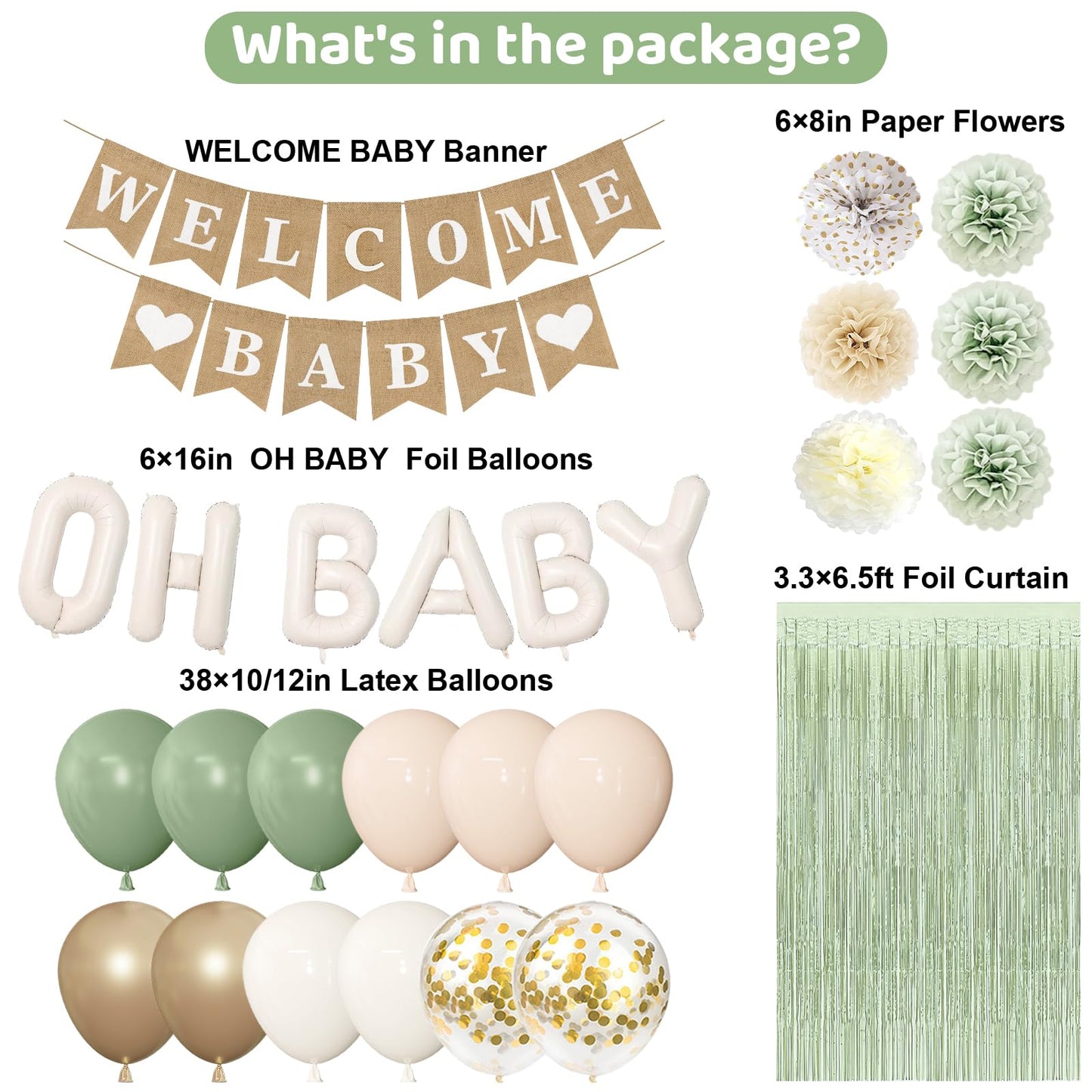 Ouddy Party Sage Green Baby Shower Decorations for Baby, Green Balloons with WELCOME BABY Banner Fringe Curtains Foil Balloons Paper Flower for Boho Baby Shower Birthday Gender Reveal Party Supplies