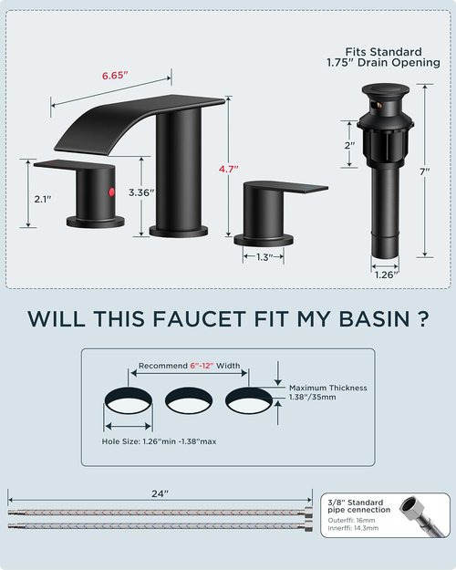 FORIOUS Black Square Bathroom Faucet - Waterfall Design with Metal Pop-Up Drain & Two Handles for Vanity