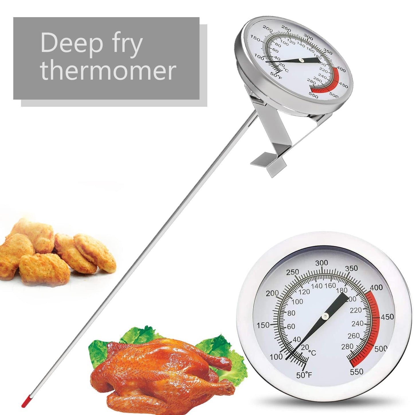 Lightbeam 16" Long Stem Deep Fry Thermometer (2 Pack) with Pot Clip, Instant Read 2" Dial Meat BBQ Turkey Thermometer Candy Thermometer for Deep Fry, Turkey, Grill, Candy & Coffee etc