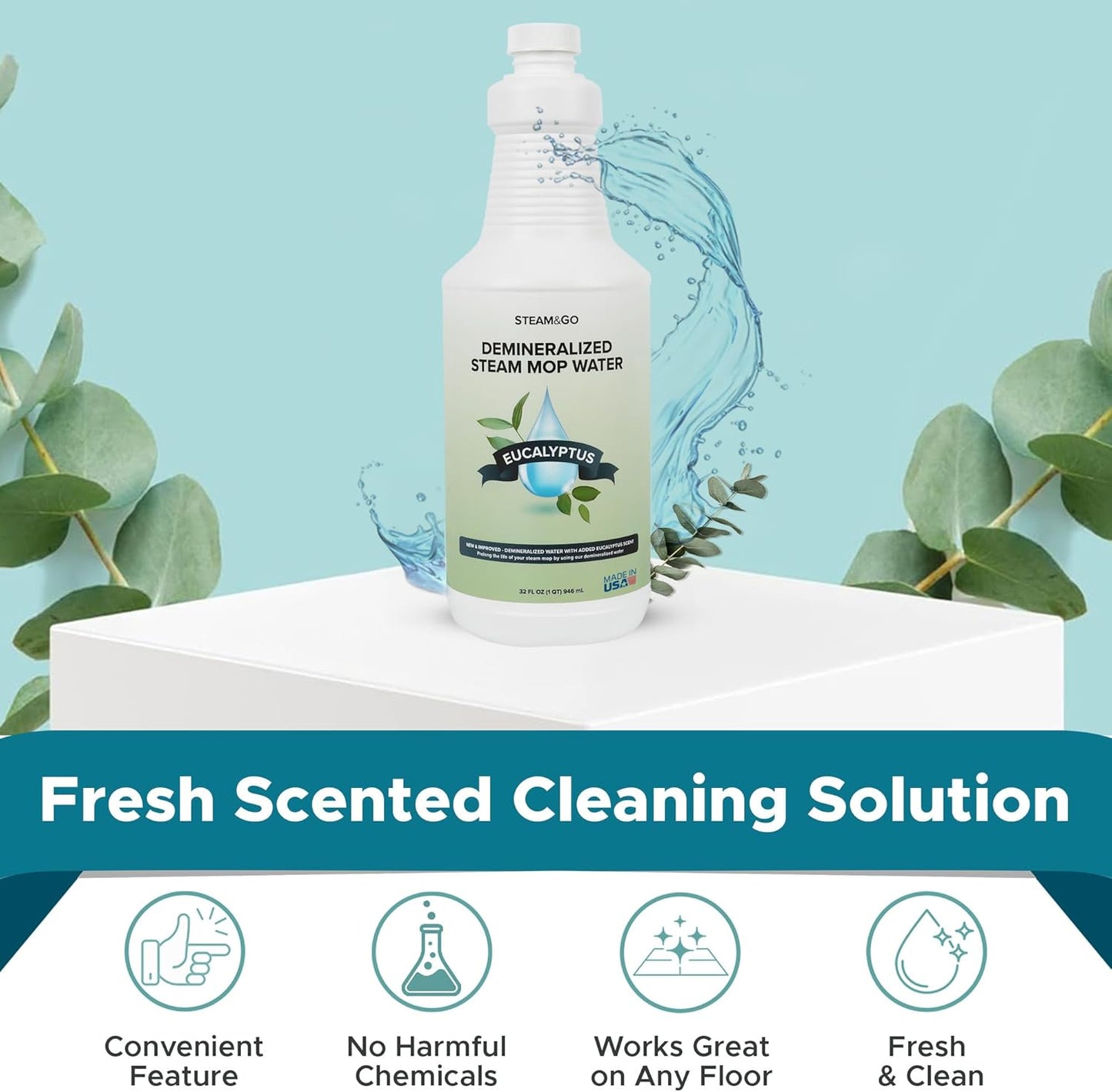 Steam & Go Demineralized Water | Ready-to-Use Eucalyptus Mint Steam Cleaner Solution, 32 oz