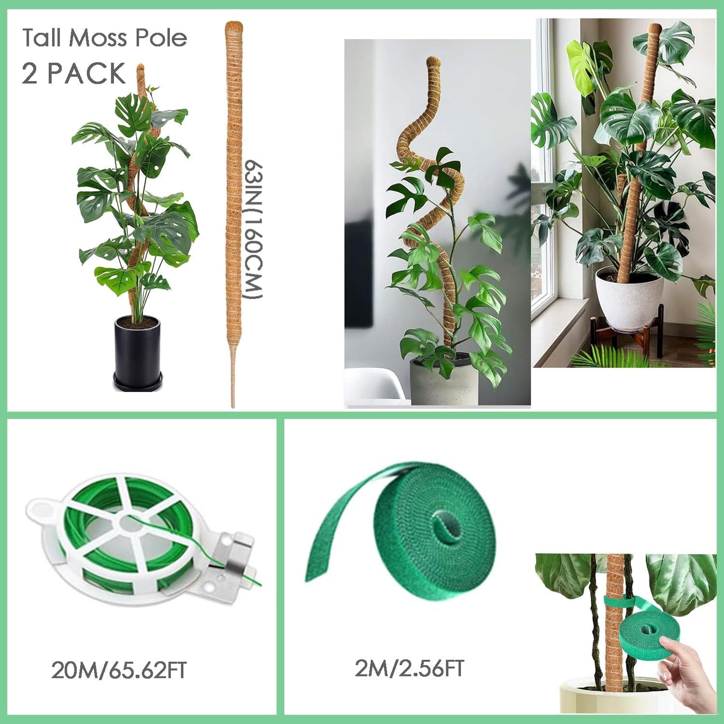 Skiennix 2-Pack 63" Bendable Moss Poles - Ideal Support for Monstera & Climbing Plants