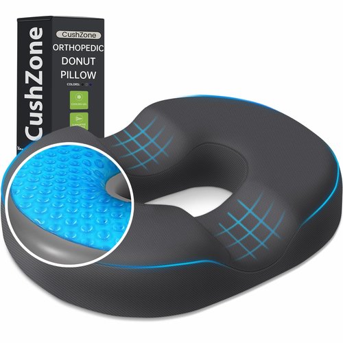 Donut Pillow Seat Cushion - Cooling Gel Donut Chair Cushions, Memory Foam Seat Cushion for Office & Home, Car Seat Cushion and Butt Pillow, Hemorrhoids Pillow and Tailbone Pain Relief, Grey