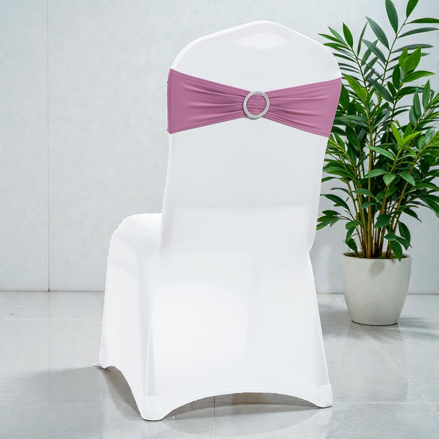MDS Premium Spandex Chair Sashes - Stretchy Bow Covers with Buckle Slider | Fits Universal Dining Chairs - Dusty Pink (Pack of 50)