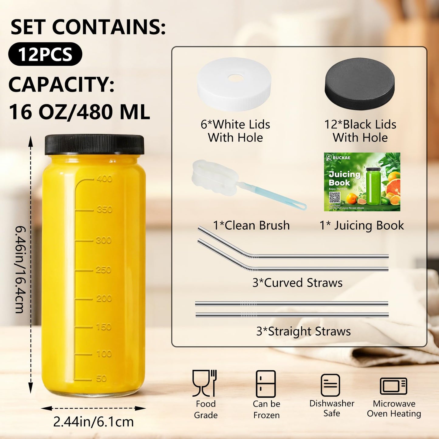 Ruckae 16oz 12 Pack Juice Bottles, Glass Bottles Juicing with Lids, Smoothie Cup Lids and Straws, Water Bottle Mason Jar Drinking Glasses for Juicing, Smoothies, Kombucha