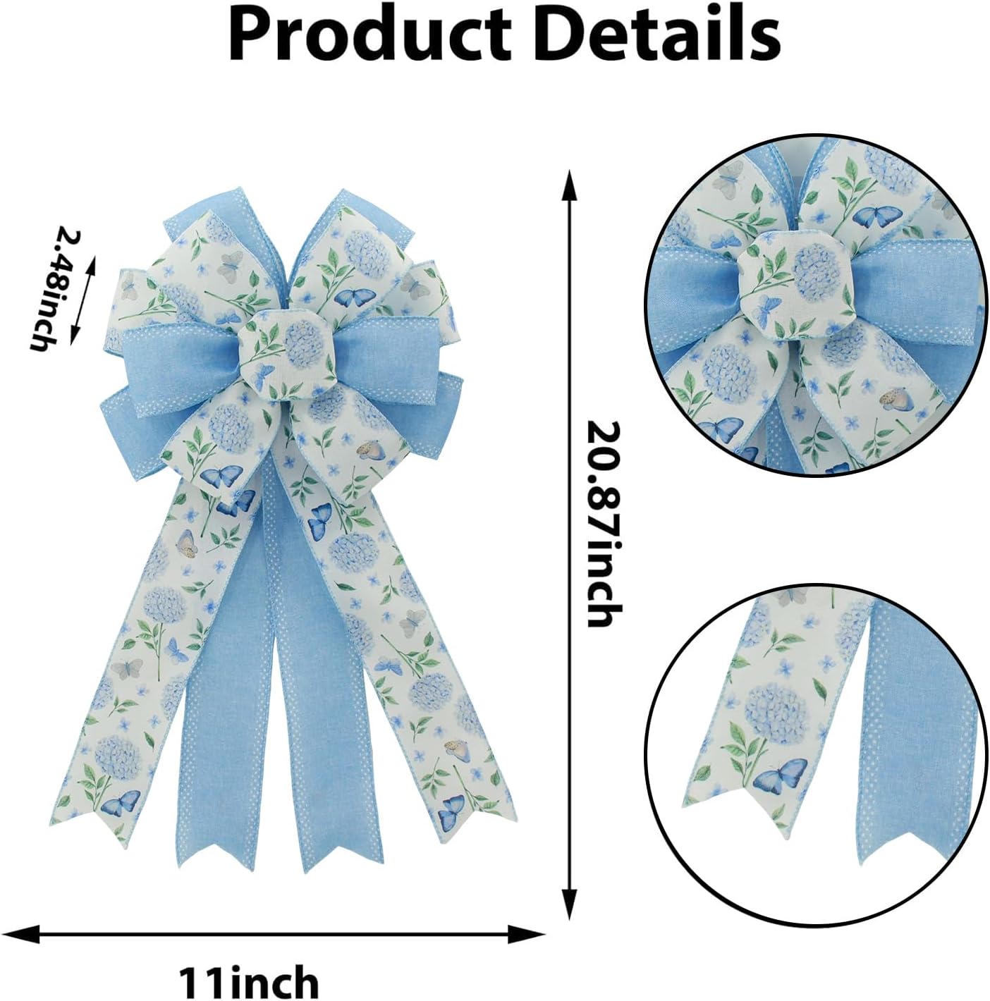 Skiennix 20.87 Inch Large Spring Bow - Blue Hydrangea & Butterfly Burlap Ribbon for Easter Decor | Indoor/Outdoor Use