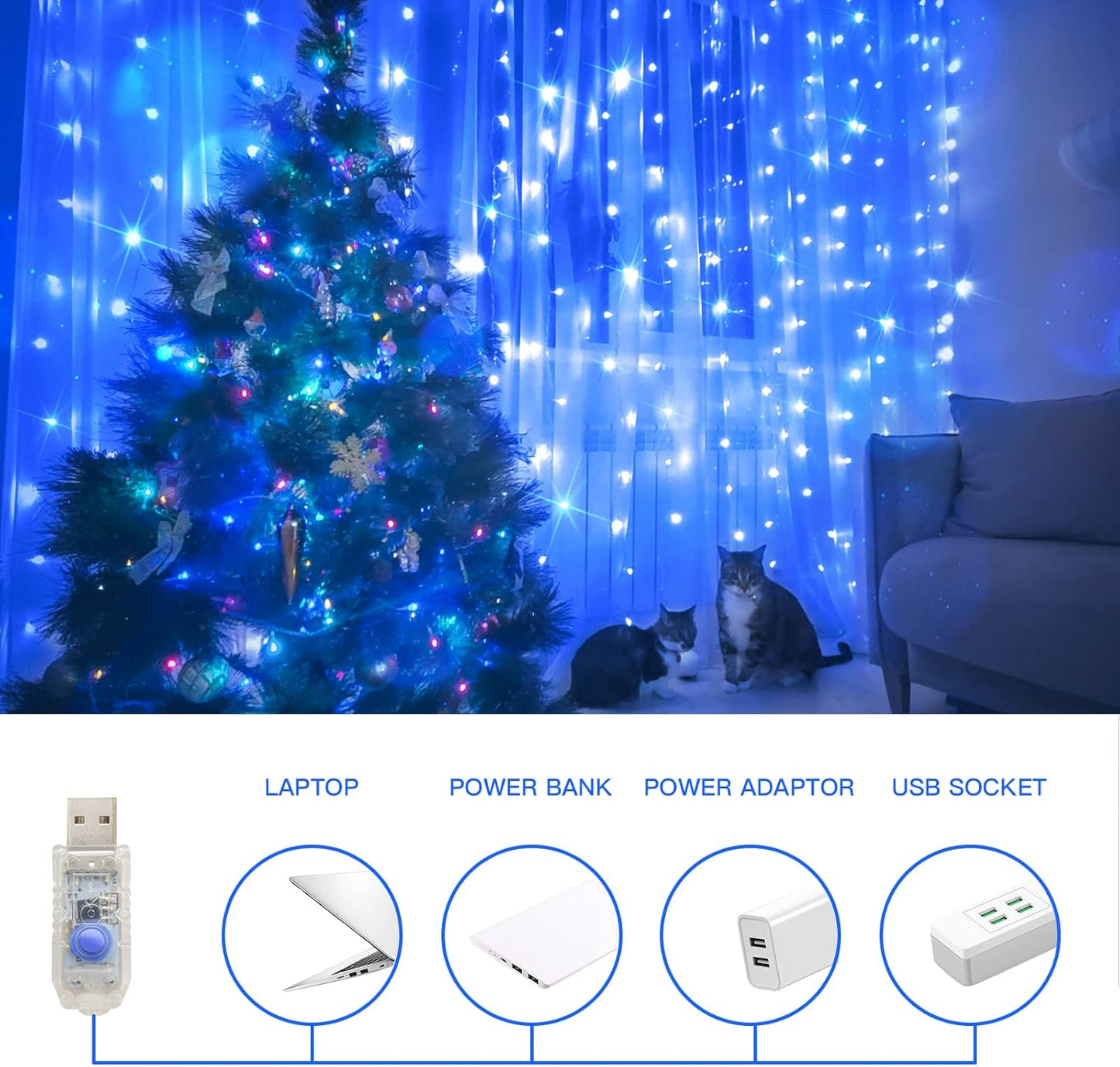 Suddus Curtain Lights - 200 LED Waterproof Fairy String Lights for Bedroom & Outdoor Decor | Blue