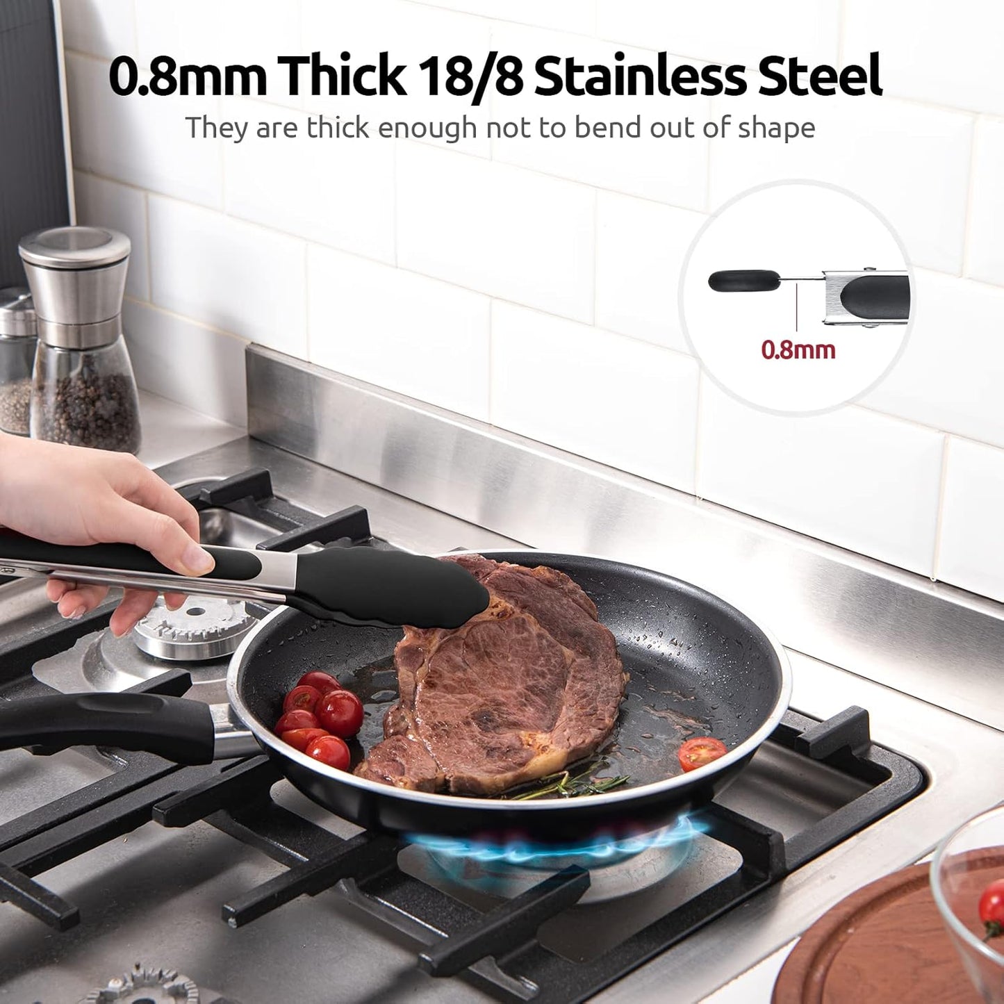 U-Taste 9-Inch Silicone Cooking Tongs - 600ºF Heat Resistant with Non-Stick Tips & Smooth Locking (Black)