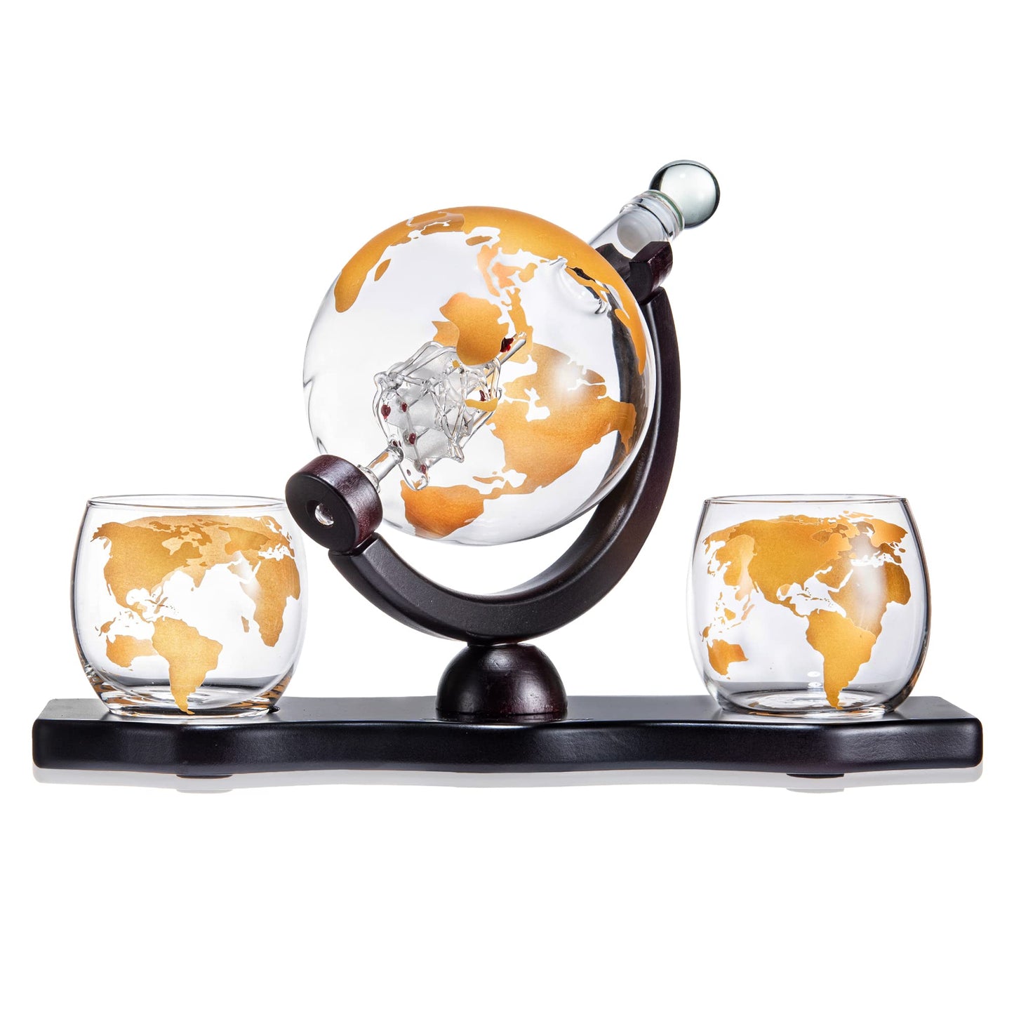 The Wine Savant Gold Etched Whiskey Decanter Set Globe with 2 Etched Globe Whisky Glasses - Perfect for a Birthday, Decanter Set for Whiskey, Scotch, Bourbon (27 Oz) (Gold)