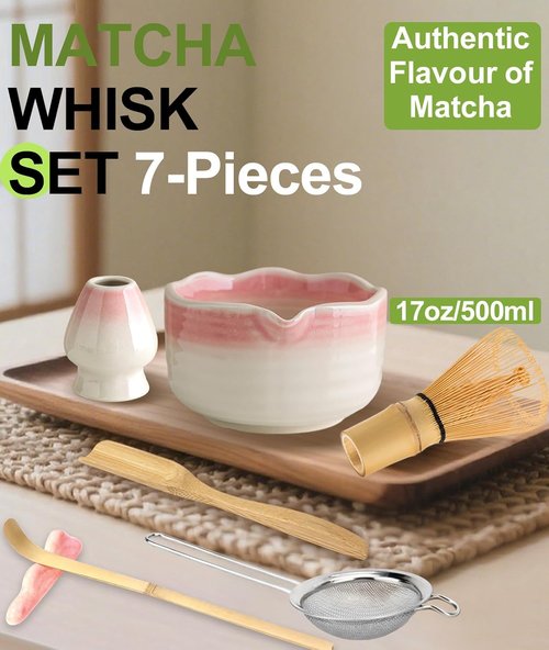 JBER Matcha Whisk Set - Complete 7PCS Ceramic Matcha Kit with Bamboo Whisk, Bowl & Accessories | Gradient Pink