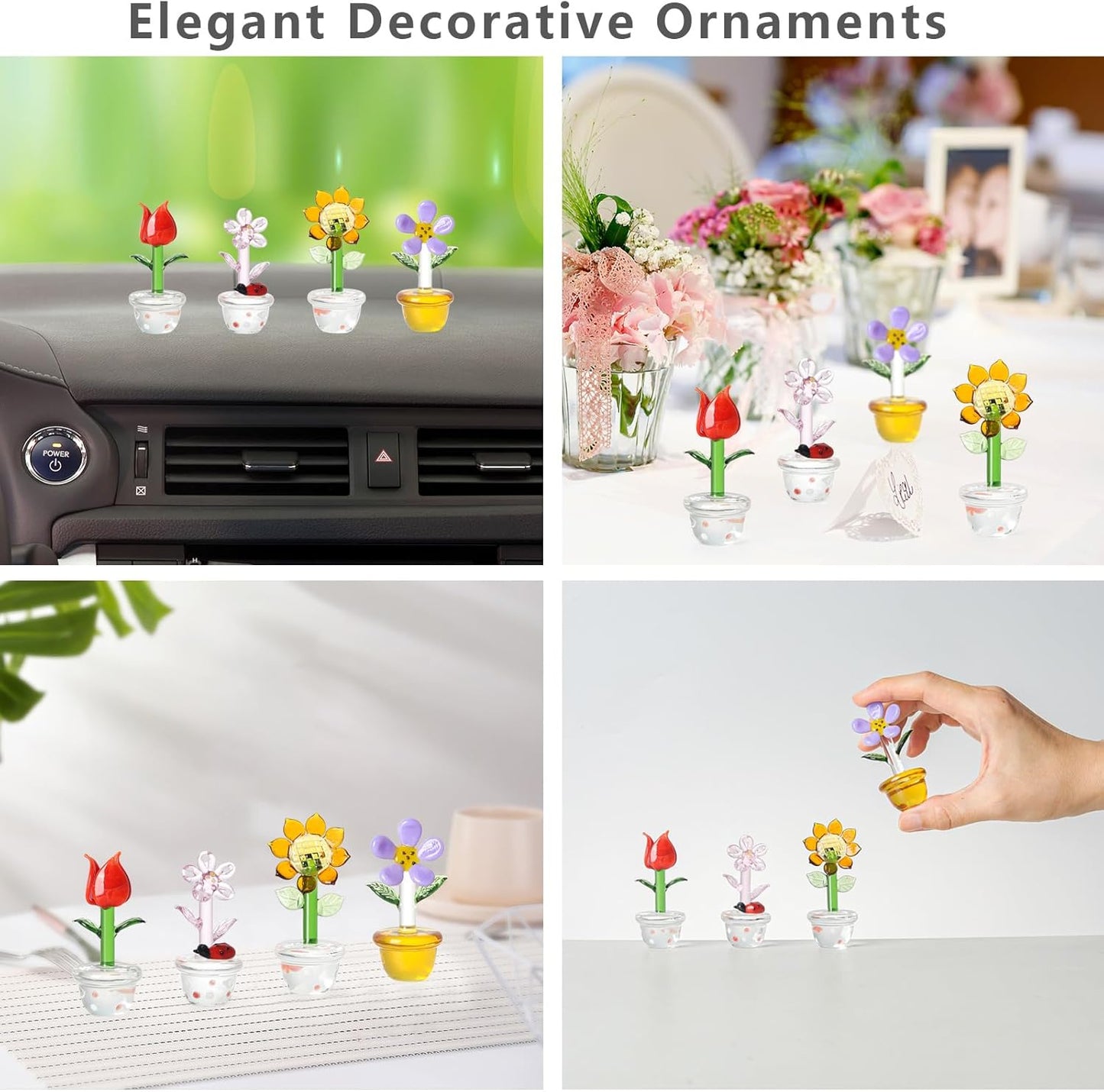LONGWIN Mini Crystal Flower Figurines - 4pcs Hand Blown Glass Spring Bouquet | Lucky Home Decor Gift for Any Occasion