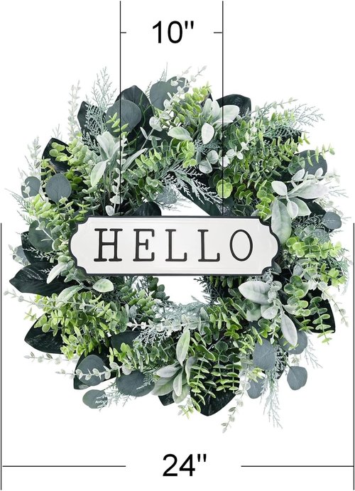 Hello 24-Inch Boxwood Wreath - Farmhouse Eucalyptus & Flocked Lambs Ear for Front Door Decor