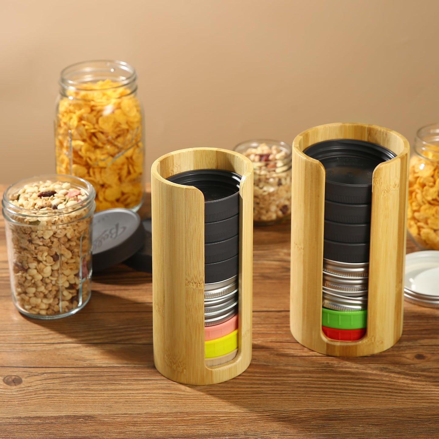 QOOMABA Mason Jar Lid Organizer (2pcs), Mason Jar Lid Storage Made of Bamboo, Suitable for Mason/Canning/Bamboo Lids(WIDE/REGULAR), Fit Perfectly, Stackable Steady