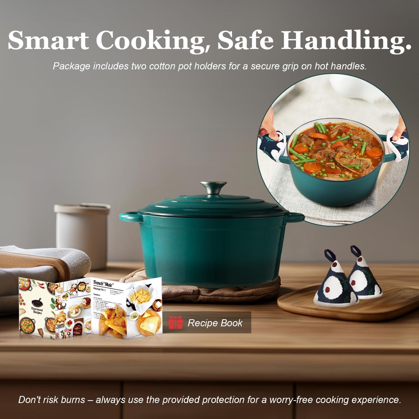Overmont Enameled Cast Iron Dutch Oven - 7QT Pot with Lid Cookbook & Cotton Potholders - Heavy-Duty Cookware for Braising, Stews, Roasting, Sourdough Baking bottle green