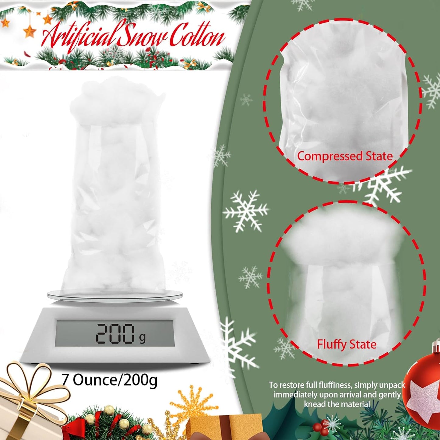 Rainflow Christmas Fake Snow Cotton - 7 Ounce Artificial Snow for Crafts | White Fluff for Holiday Decor