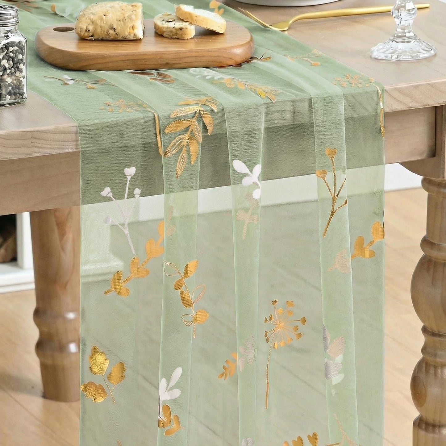 Artoid Mode Gold Floral Leaves Gauze Table Runner 10FT, Glitter Metallic Foil Sheer Dining Wedding Anniversary Birthday Table Decor for Home Party,Sage Green