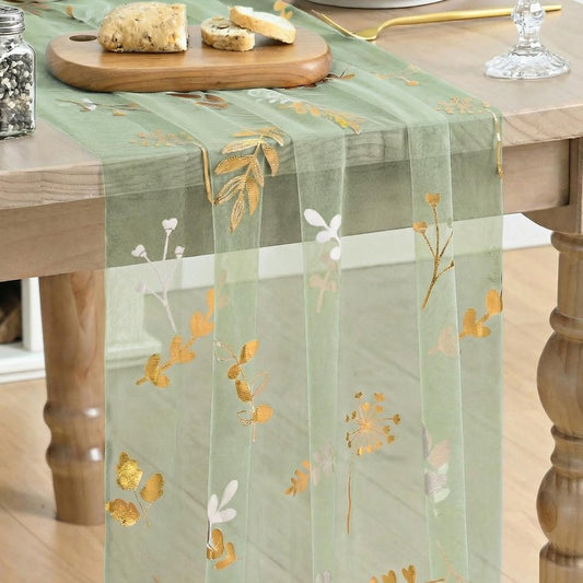 Artoid Mode Gold Floral Leaves Gauze Table Runner 10FT, Glitter Metallic Foil Sheer Dining Wedding Anniversary Birthday Table Decor for Home Party,Sage Green