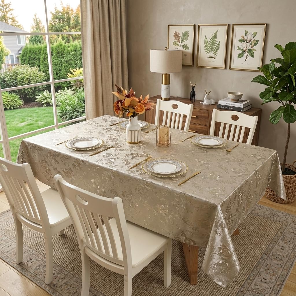 FAVE Gold Tablecloth Waterproof PVC Table Cover Wipeable Easy Clean for Kitchen Dining Table, Golden Rose Pattern 55x78 Inches for Wedding Banquet Birthday Party Restaurant Decors