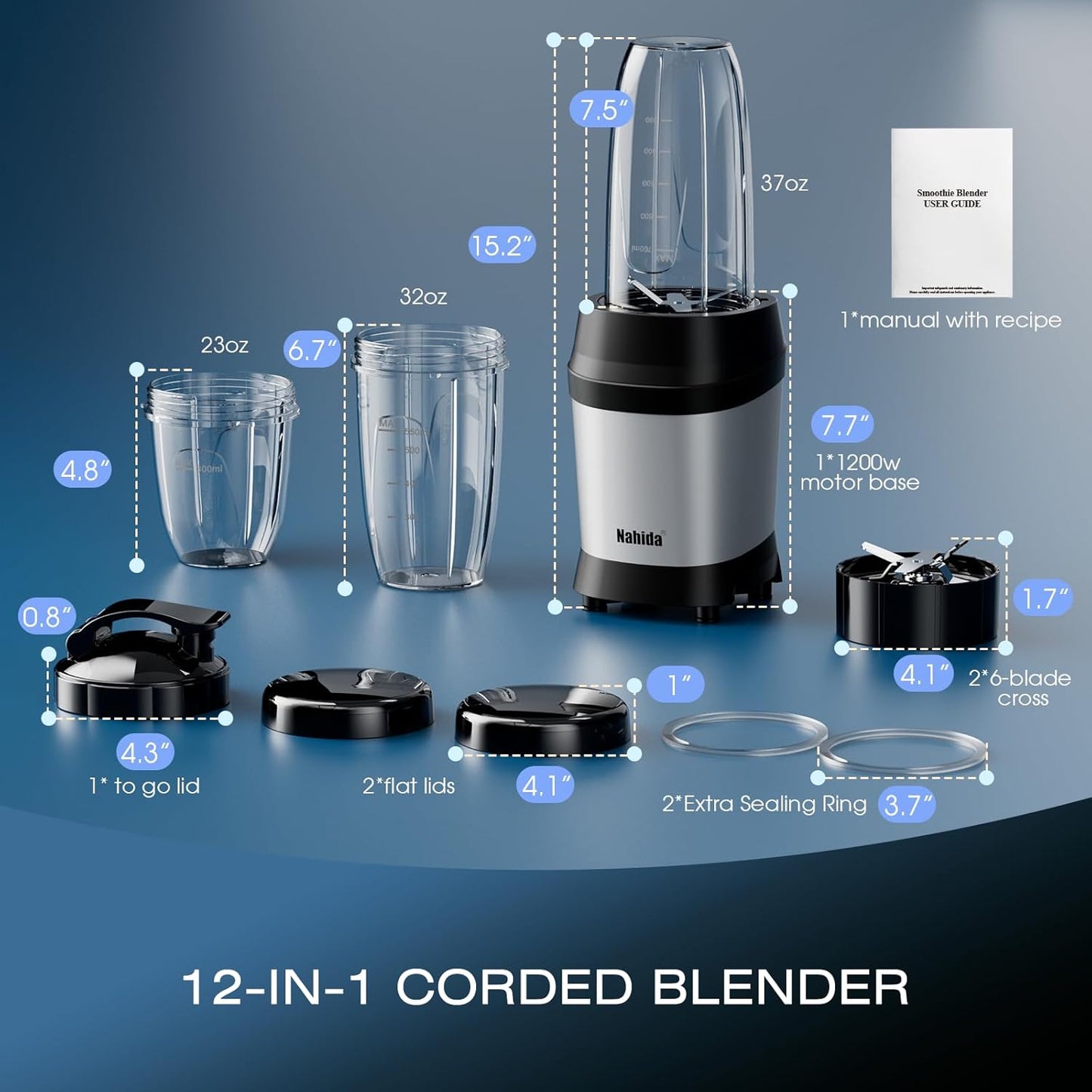 Nahida Blender - 1200W Smoothie Maker for Ice Crushing | Includes 2 Blades & 23oz, 32oz, 37oz Go Cups - Silver