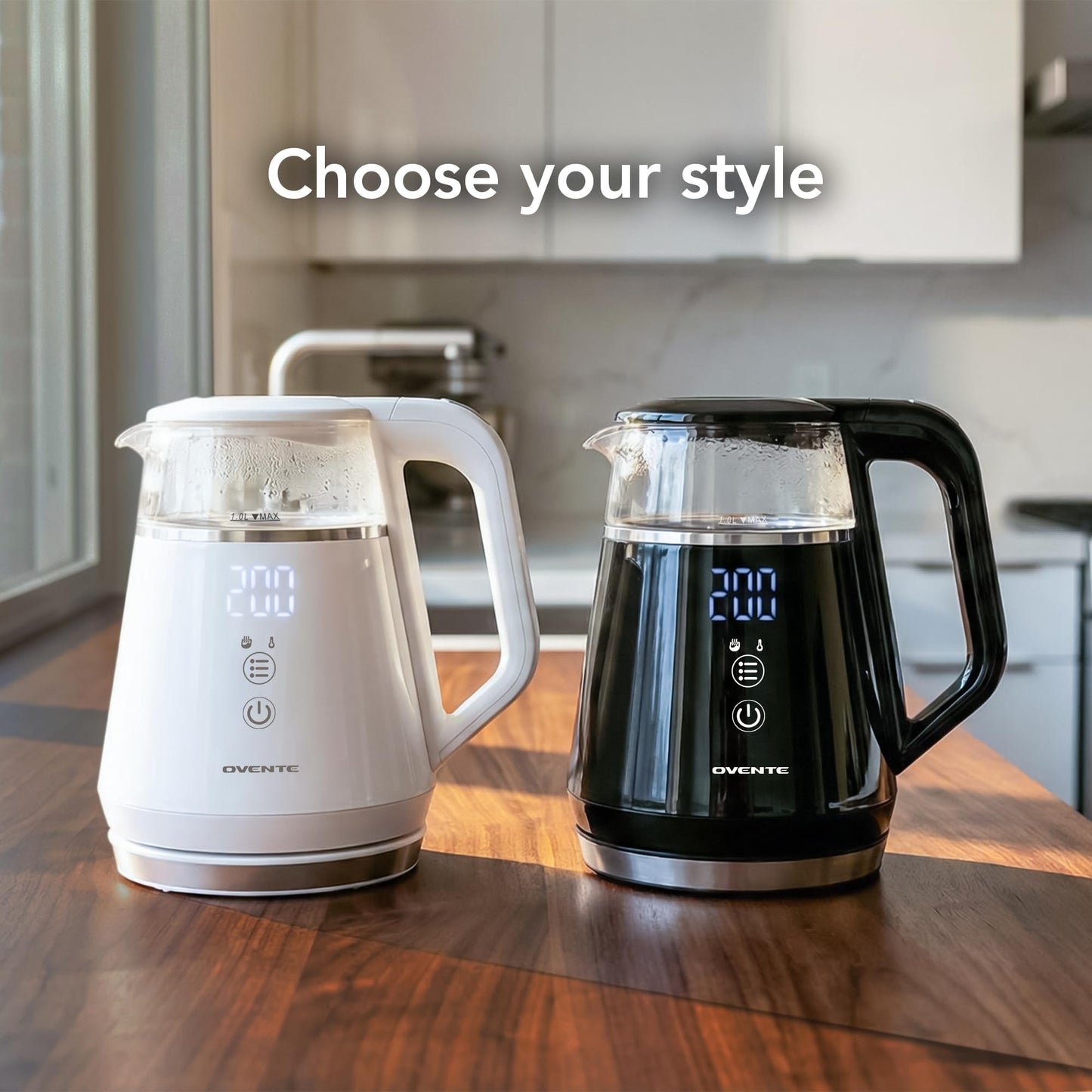 OVENTE 1L Small Electric Kettle with 5 Temperature Preset, Digital Display, 5Hr Keep Warm, Auto Shut-Off, Double-Wall Cool Touch Exterior, Borosilicate Glass,1500W BPA Free Water Boiler, Black KD95B
