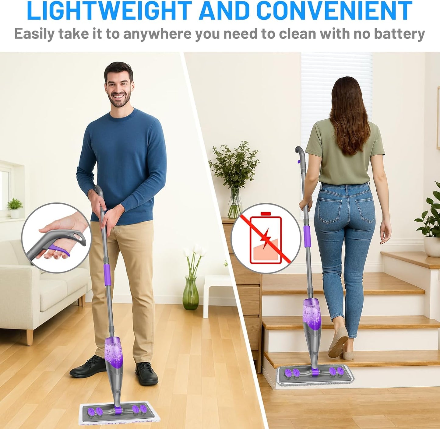 Skiennix Spray Mop for Floor Cleaning - Wet & Dry with 2 Washable + 2 Disposable Pads | Refillable Bottle for Hardwood & Tile Homes - Effectively Absorbs Pet Hair & Dust