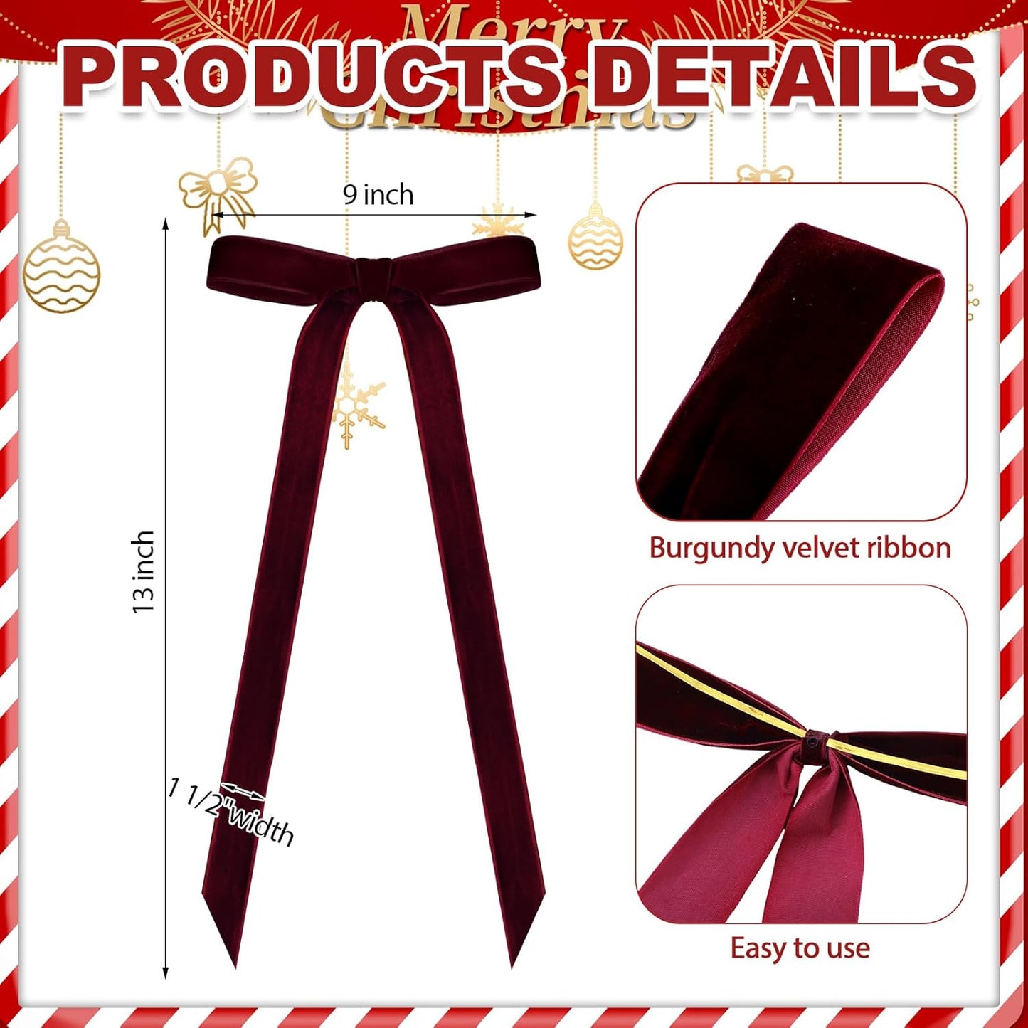 Regine Switzerland Velvet Bows - 24 Pcs Vintage Ribbon for Christmas Tree & Crafts | Burgundy (9 x 13 Inch, 1.5" Width)