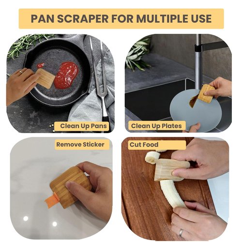 Bamboo Pan Scraper Tool (Pack of 6), Size 2.8" x 2.4" Eco-Friendly Pot Scraper,Clean Pans, Dishes, Bowls, and Plates, Removes Food Effectively Without Scratching