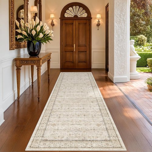 Beige 3x10 Washable Runner Rug - Non-Slip, Stain & Fade Resistant | Farmhouse Kitchen Décor