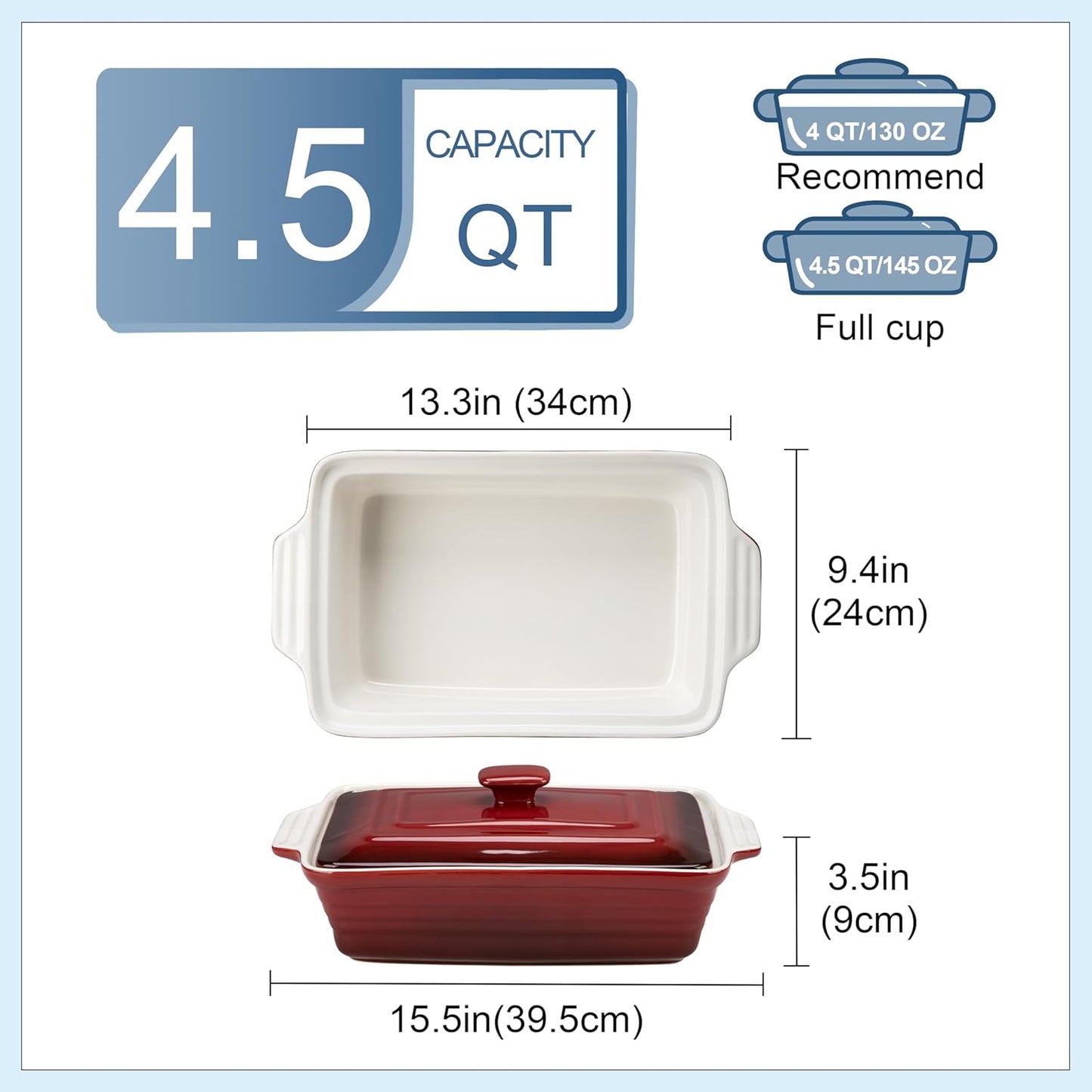 LOVECASA 4.5 Quart Ceramic Casserole Dish - Oven Safe Lasagna Pan with Lid & Handles | Gradient Red