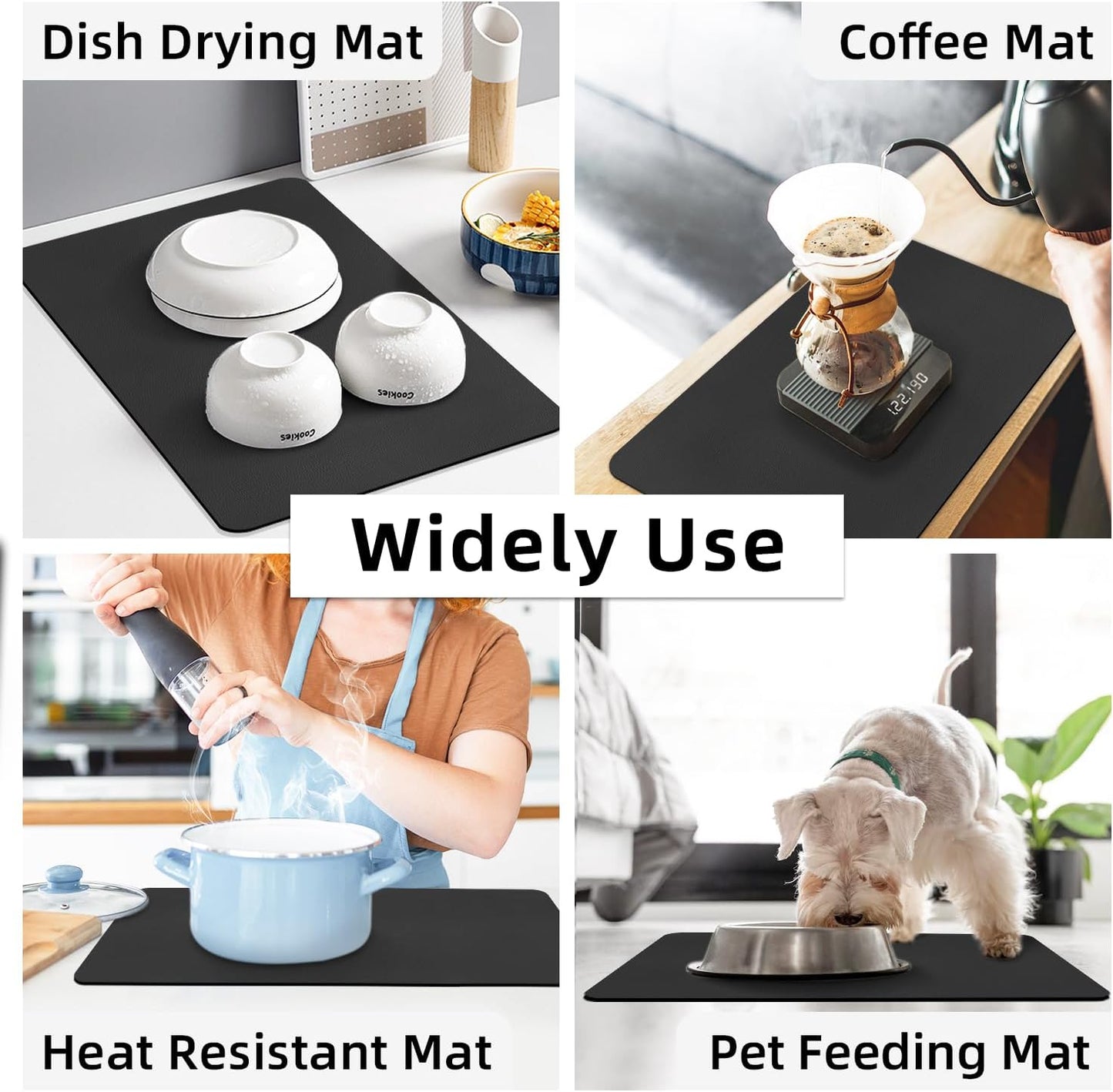 LOPNUR Dish Drying Mat - Super Absorbent Diatomite Kitchen Counter Pad | Large 24"x16", Heat Resistant, Anti-Slip Black