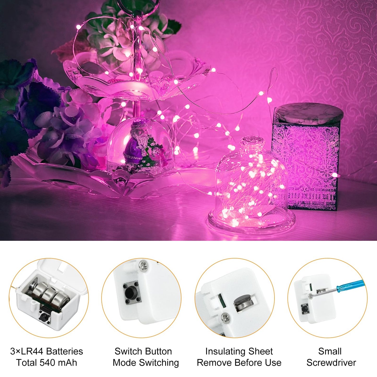 btfarm Valentine's Day 30 Pack Pink Fairy Lights Battery Operated 3 Modes, 7ft 20 Led Twinkle String Lights Waterproof, Bulk Small Mini Light for Mason Jars Christmas Vases Wedding Table Decorations