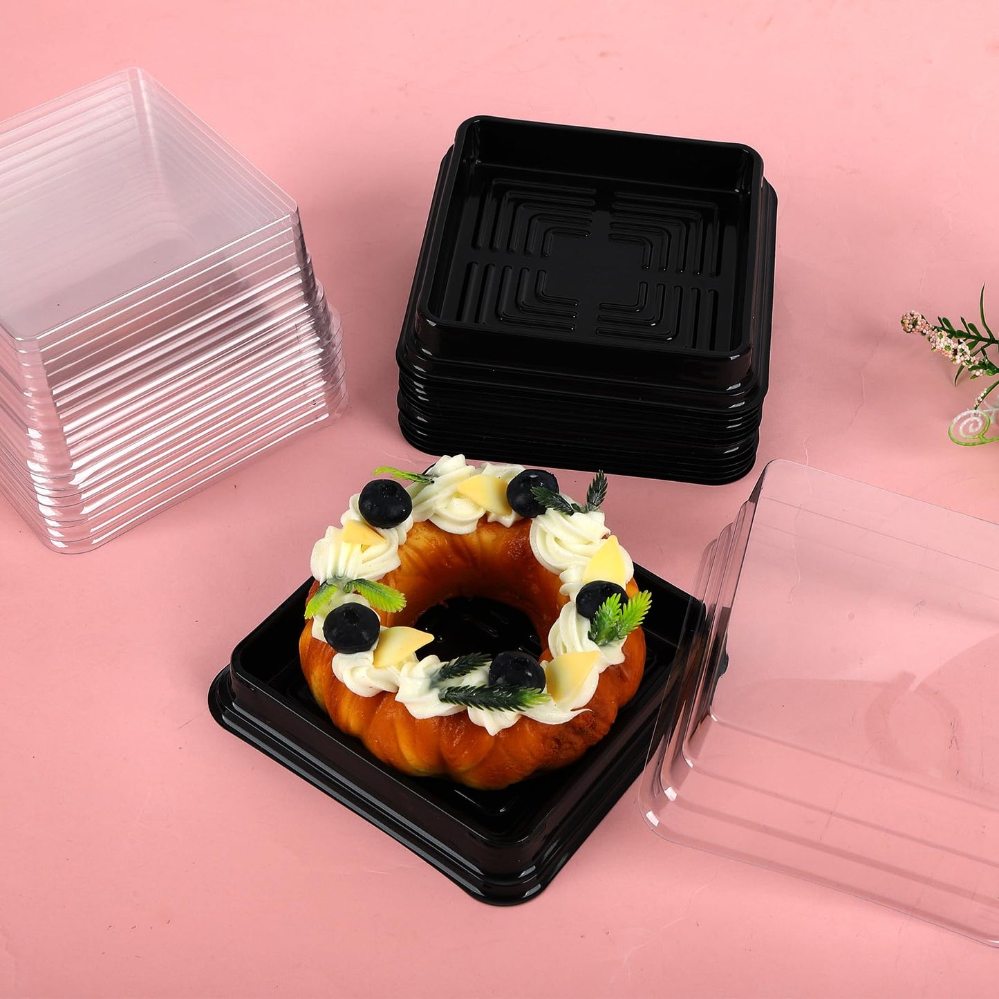 Hewnda 50 Pack Black Cake Pans,Bottom 5Inch X Heigh 2.2Inch Clear plastic mini cake box muffins box cookies box wedding birthday gift box