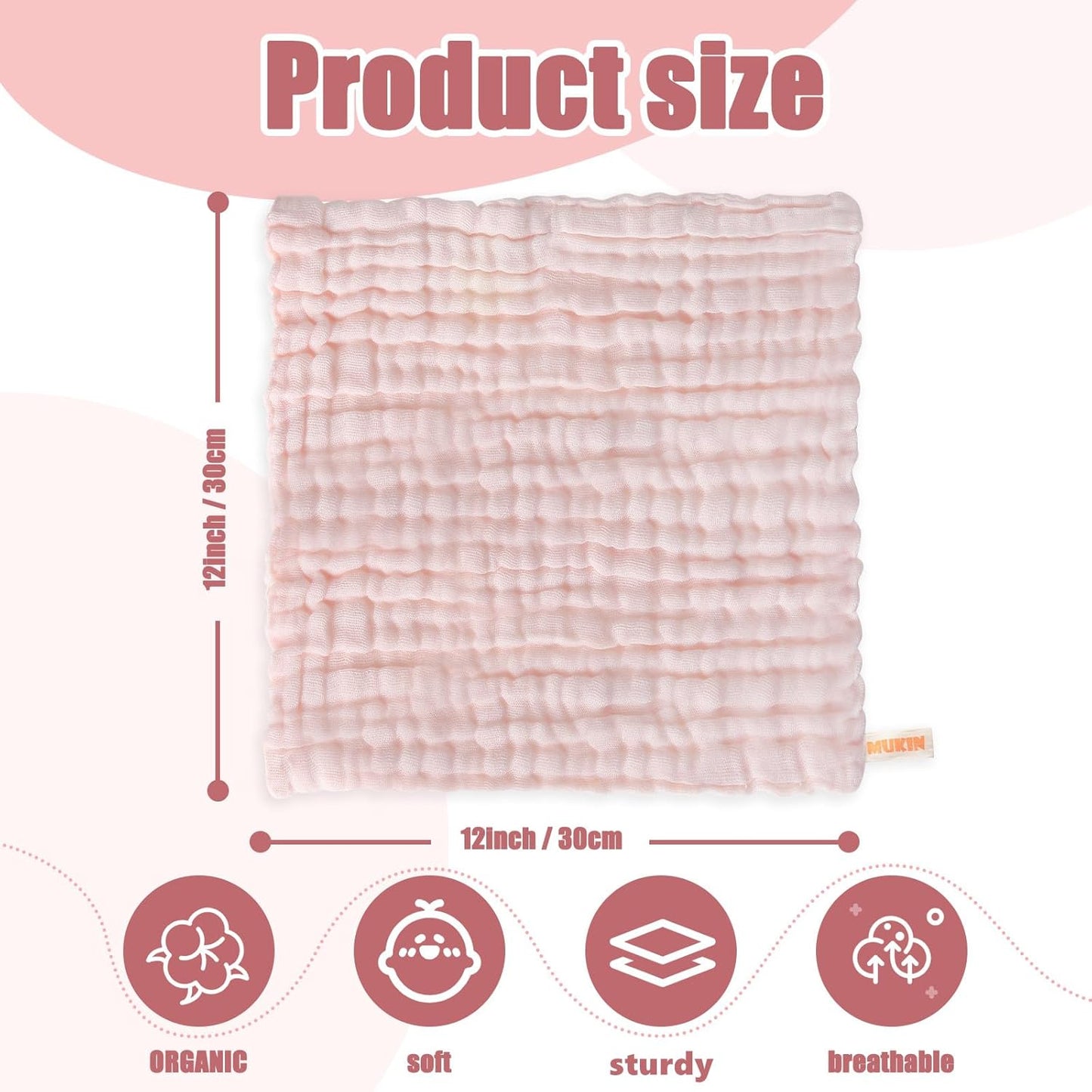 MUKIN Baby Washcloths - Soft, Absorbent Burp Cloths for Newborns | 6 Pack, 12x12 Inches (Pink)