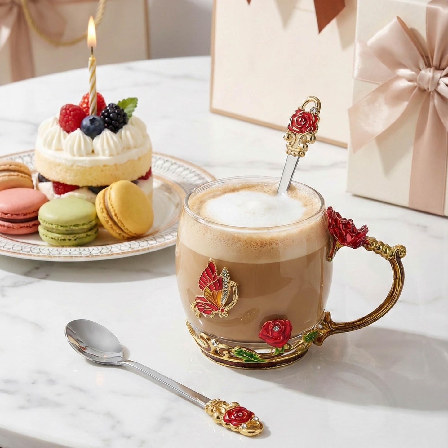 ColoVie Glass Tea Cups Set with Spoon, Coaster- 3D Red Flower Butterfly Coffee Mugs- Lead-Free Glass Coffee Cups- Best Birthday Gifts for Women, Mom- Enamels Mug- Mothers Day Gifts from Daughter