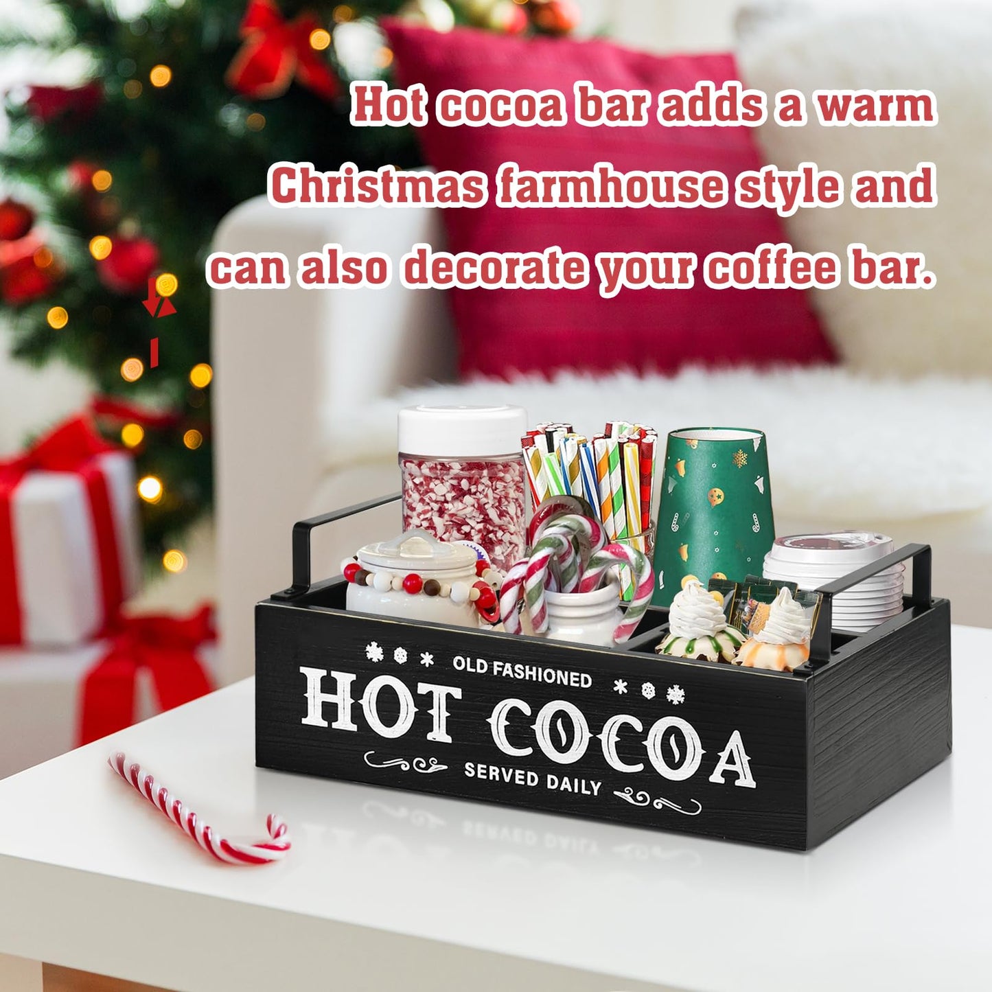 Hot Chocolate Bar Organizer with Handle, Farmhouse Hot Bar Supplies for Chocolate Maker, Countertop Wood Coffee Station Organizer Decorative Storage Bins, Cocoa Lovers Gift