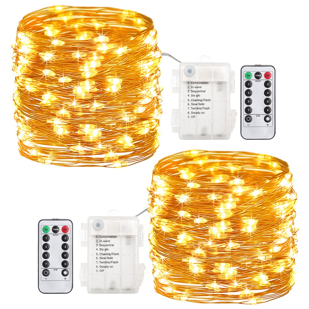 GDEALER 2 Pack 20 Feet 60 Led Fairy Lights Battery Operated with Remote Control Timer, 8 Modes Waterproof Copper Wire Twinkle String Lights for Bedroom Party Indoor- Warm White
