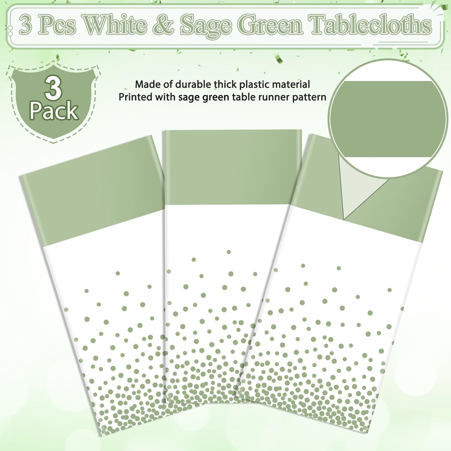 3Pcs White and Sage Green Tablecloth Decorations,Plastic White Table Cloth Printed Green Table Runner Disposable Rectangle Tables Cover for Birthday Wedding Anniversary Graduation Party,54 x108 Inch