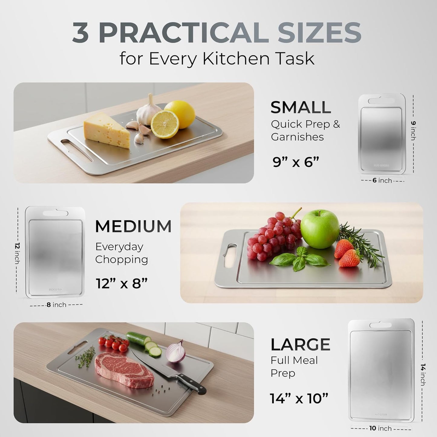 Stainless Steel Cutting Boards - Durable Double-Sided Boards with Juice Grooves | 3 Pack for Home & Professional Use