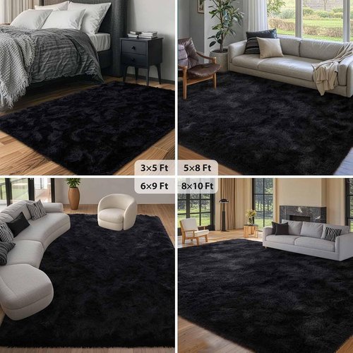 FinRèc Soft Black Area Rug - Modern Fluffy Shaggy Design for Bedroom & Living Room | 4x6 Feet Non-Slip Furry Carpet