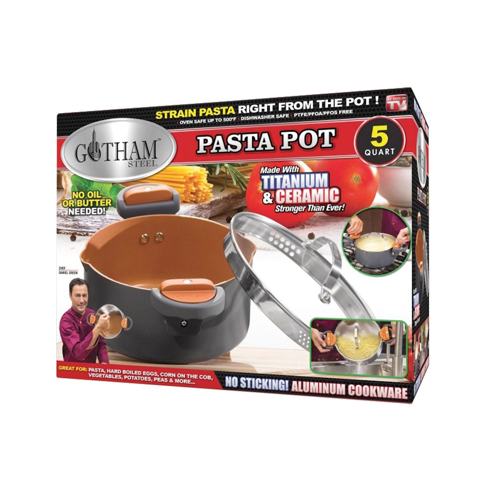 Gotham Steel 5 Quart Stock Pot Multipurpose Pasta Pot with Strainer Lid & Twist and Lock Handles, Nonstick Ceramic Surface Makes for Effortless Cleanup with Tempered Glass Lid, Dishwasher Safe