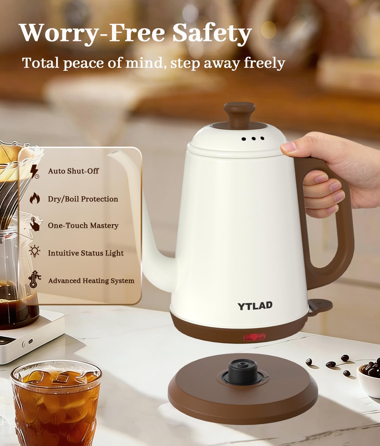 YTLAD Gooseneck Electric Kettle 1L, 1000W Fast Boiling for Pour-Over Coffee & Tea, 304 Stainless Steel BPA-Free, Precise Flow Spout, Auto Shut-Off & Boil-Dry Protection, Retro Style (White)