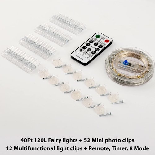 HXWEIYE 120LED White Photo Clips String Light - 40Ft Fairy Light with 52 Clips & 12 Hooks | USB Powered, Timer & 8 Modes for Bedroom & Wedding Decor