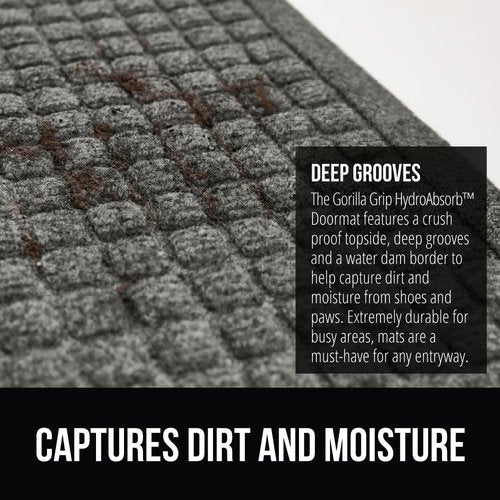 GORILLA GRIP® Ultra Absorbent Front Door Mat - Traps Dirt & Moisture, 29x17 Grey, Stain & Fade Resistant