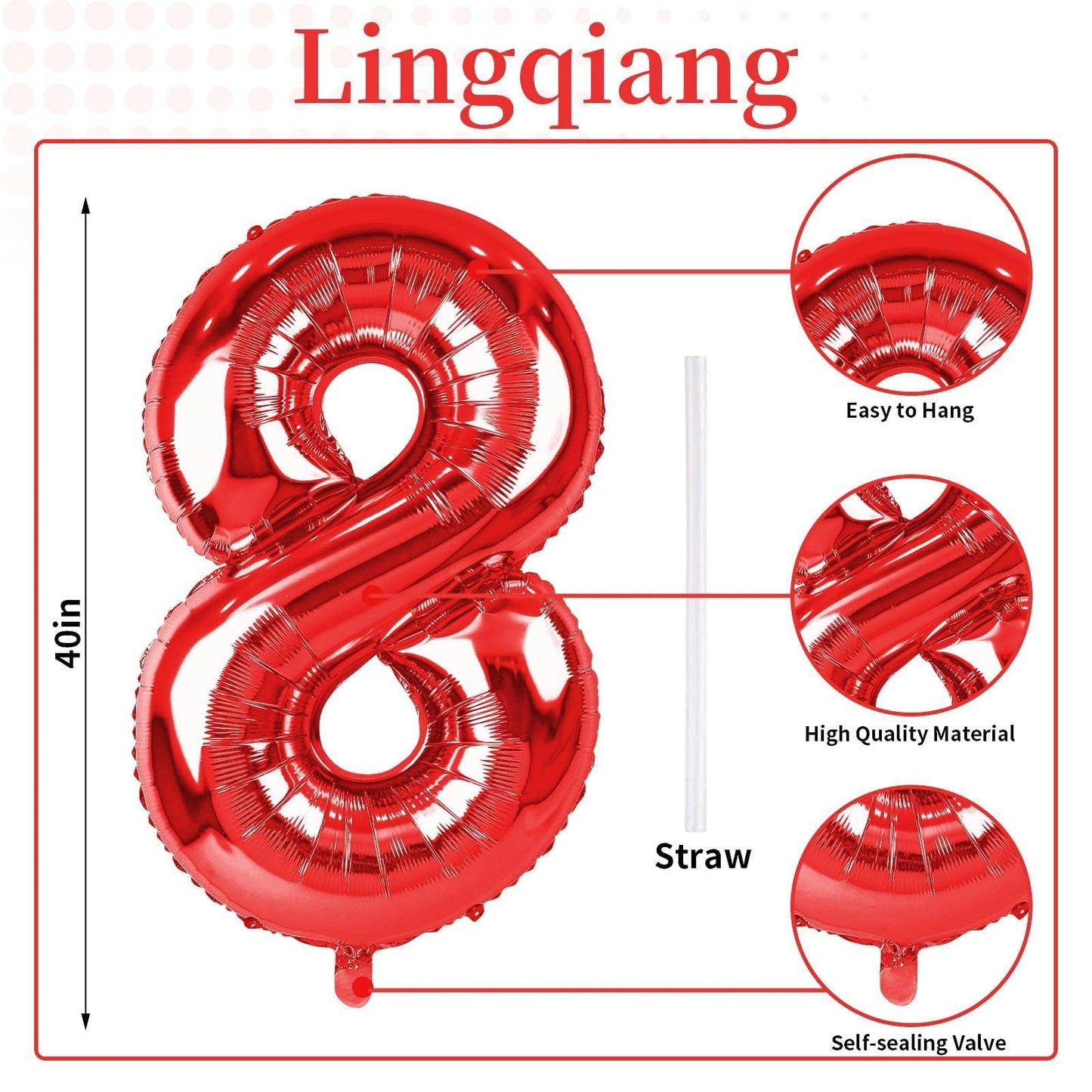 Red Foil Balloon Number 8 for Boys, 40'' Giant Self Inflating Number Balloons Set 0-9, Large Number 8 Helium Balloon for Girls Women 8th Birthday Graduation Anniversary Party Decorations Supplies