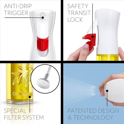 FLAIROSOL Olivia Signature Olive Oil Sprayer - Advanced Fine Mist Technology, Refillable Glass Bottle, 130ml (Golden Leaves)