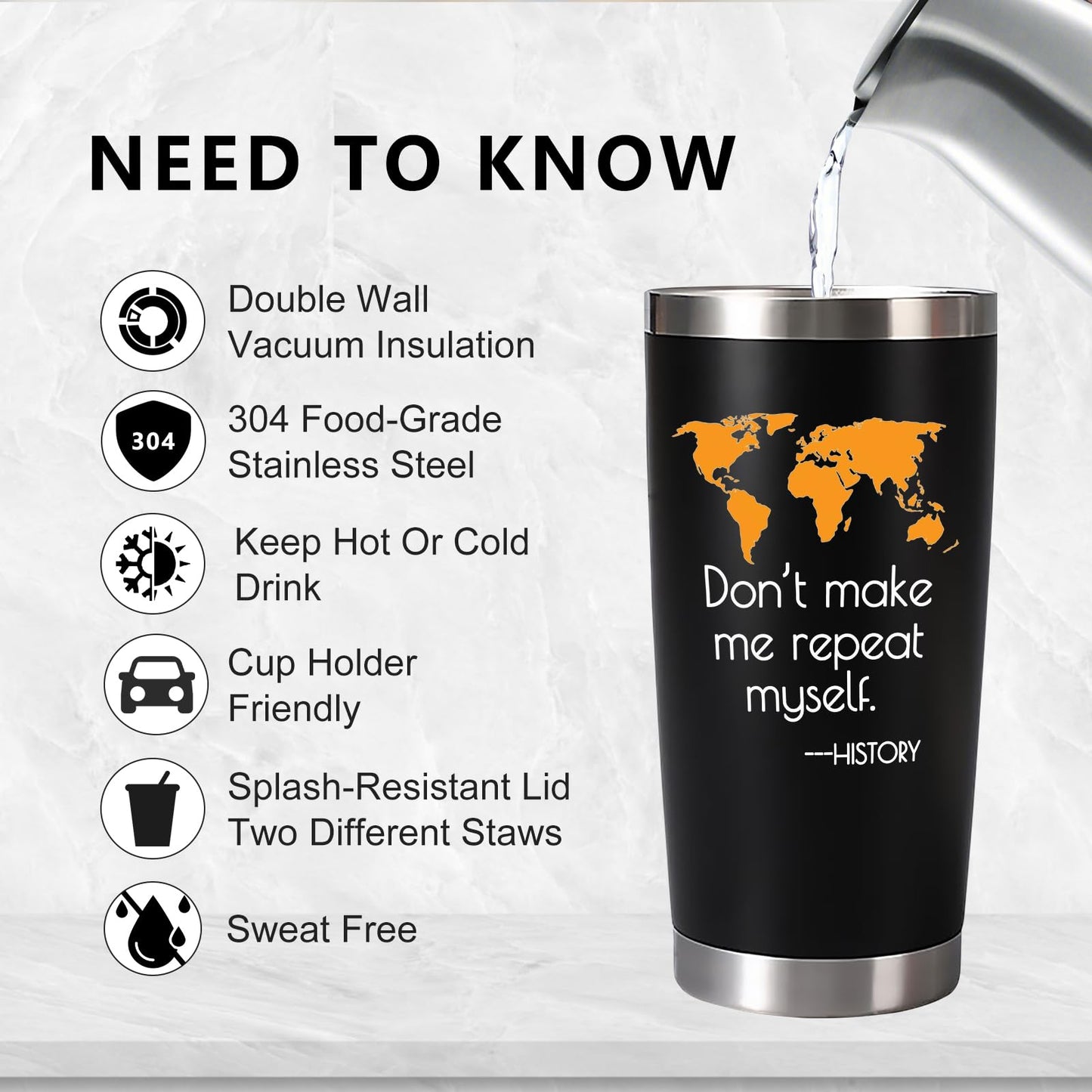 EchoMaven History Gifts: 20oz Don't Make Me Repeat Myself Stainless Steel Travel Tumbler, Christmas & Birthday Gift for History Teacher, Black