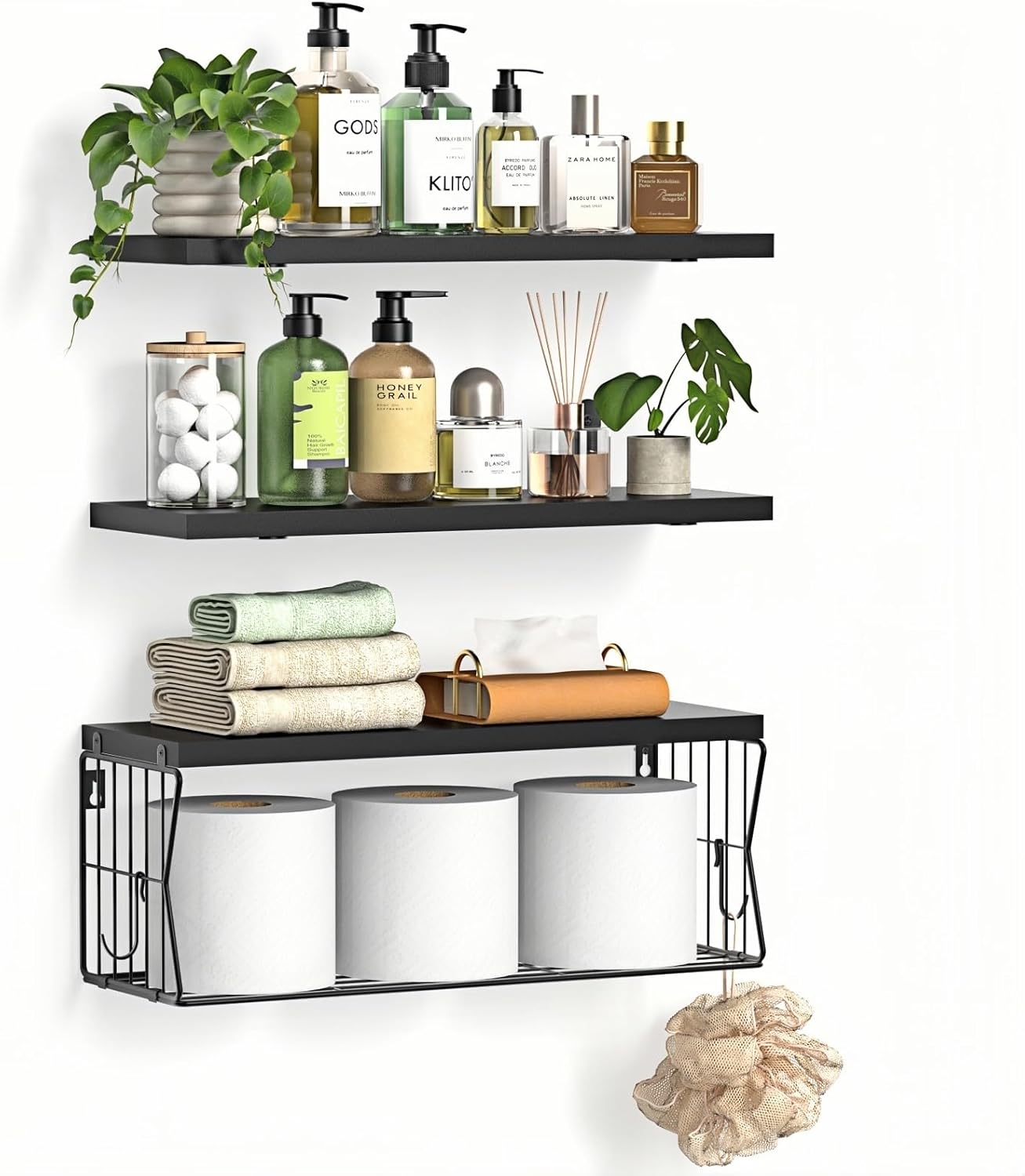 Regine Switzerland Floating Bathroom Shelves - Set of 3 Wall-Mounted Wooden Shelves for Modern Decor | Ideal Over-Toilet Storage in Black