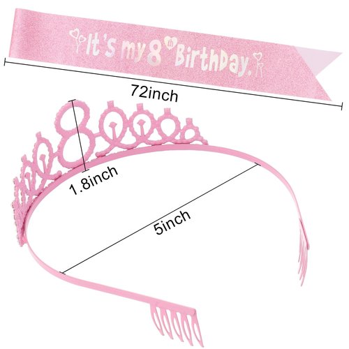 Canitor 8th Birthday Decorations for Girls Birthday Girl Crown Tiara & Glitter Sash Set for 8 Year Old Girl Birthday Gift Birthday Girl Headband Hat